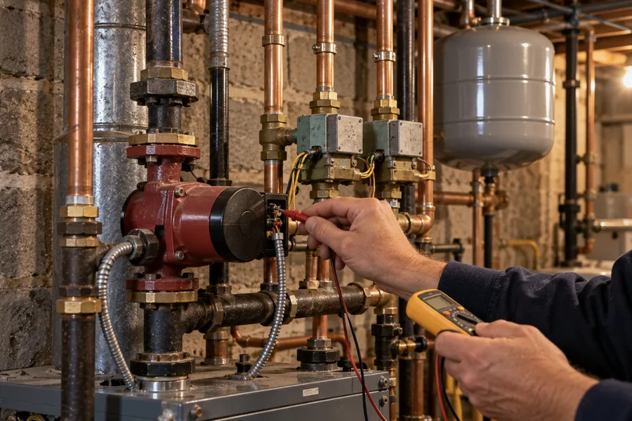 Circulator pump and zone valves on boiler piping