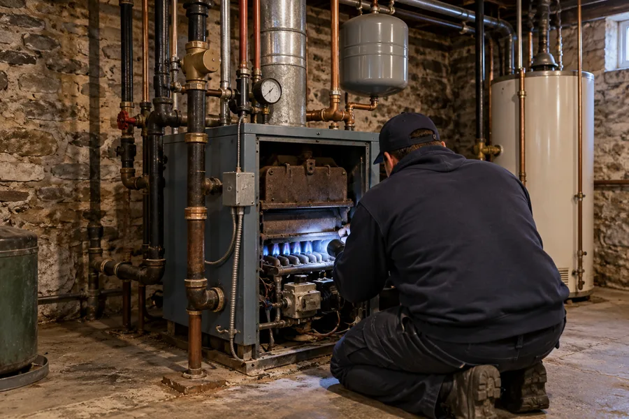 Technician checking the burner of a gas boiler in a Lansdale basement